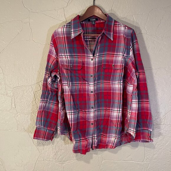 Chaps Tops - Chaps - Red, White, and Blue Plaid Button Down - Women's 1X